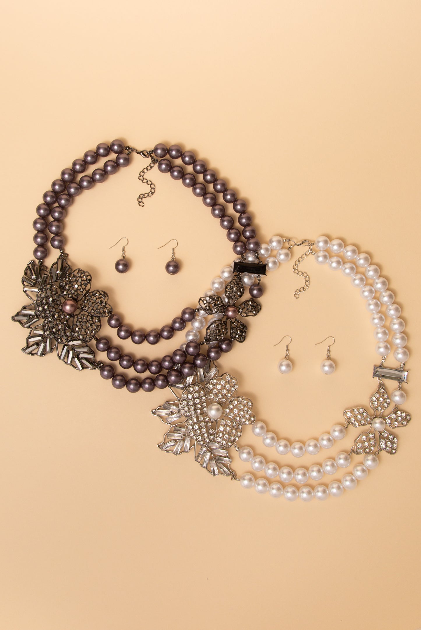 Anna Dual Strand Rhinestone Flower Pearl Necklace and Earring Set