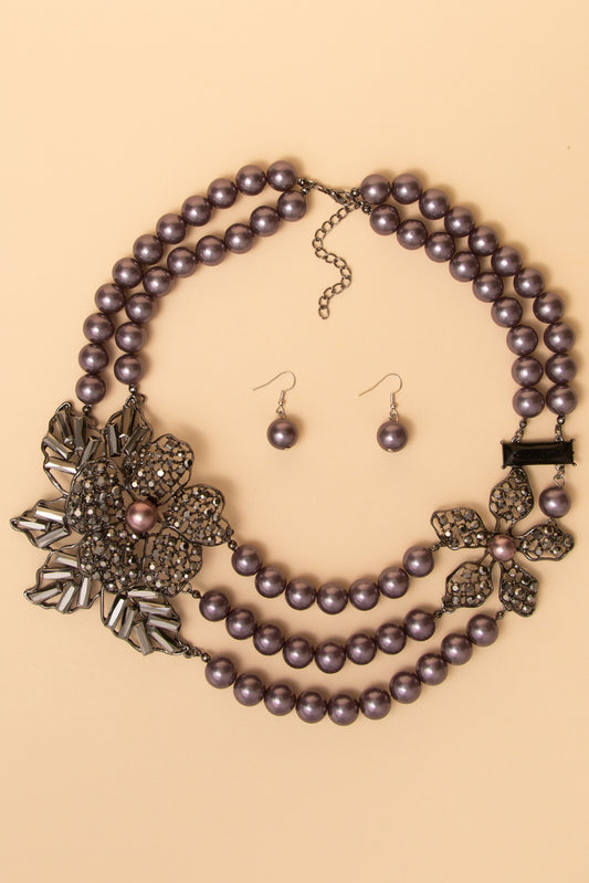 Anna Dual Strand Rhinestone Flower Pearl Necklace and Earring Set | Gray