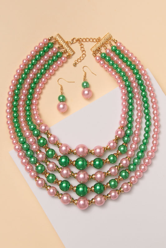 Tara Multi-Strand Pearl Necklace & Earring Set | Green Pink
