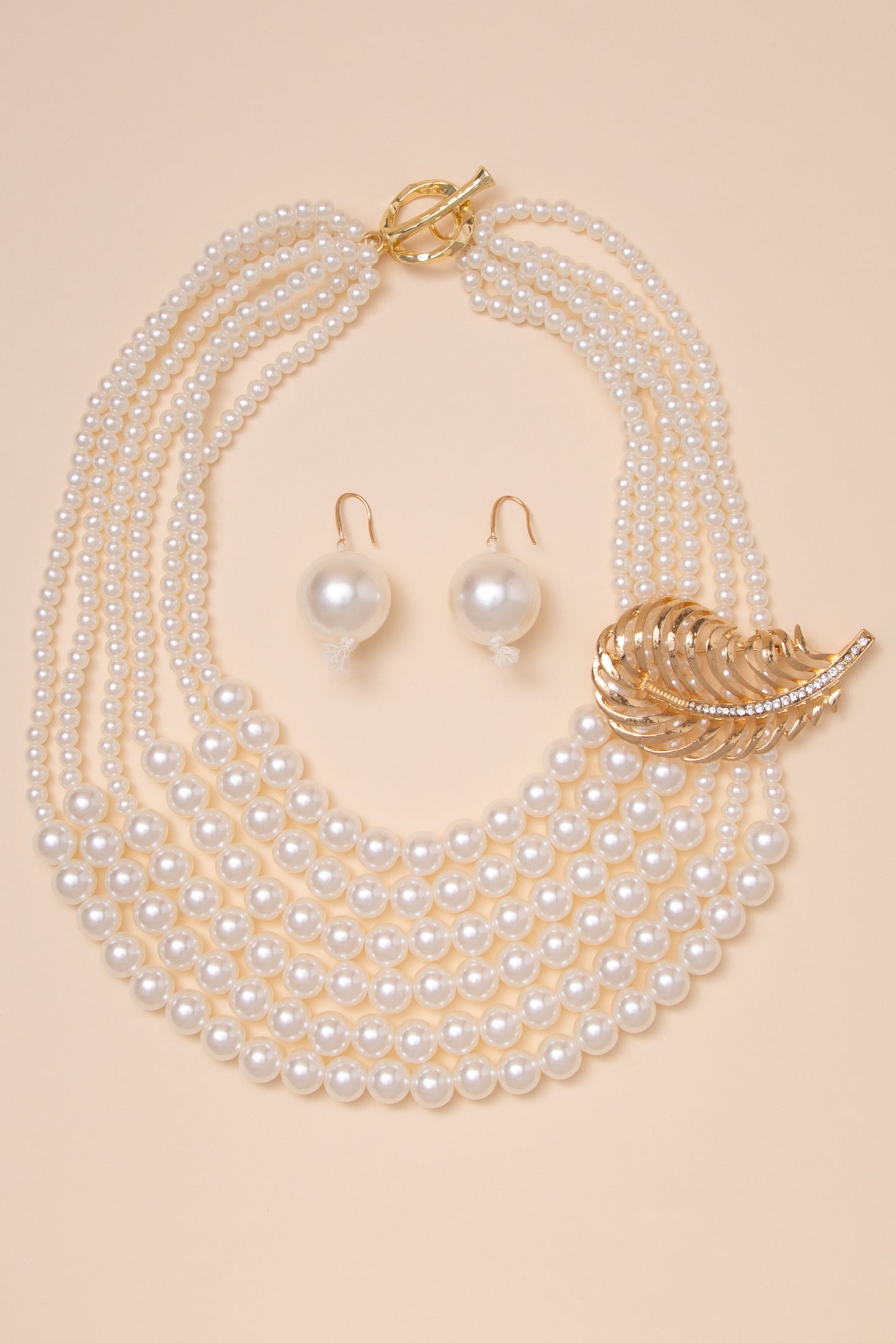 Nora Multi Strand Pearl Necklace Earring Set with Gold Tone
