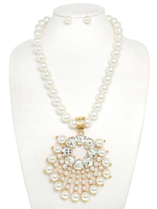 Jenna Pearl Strand Sunburst Gemstone Necklace Set | Gold