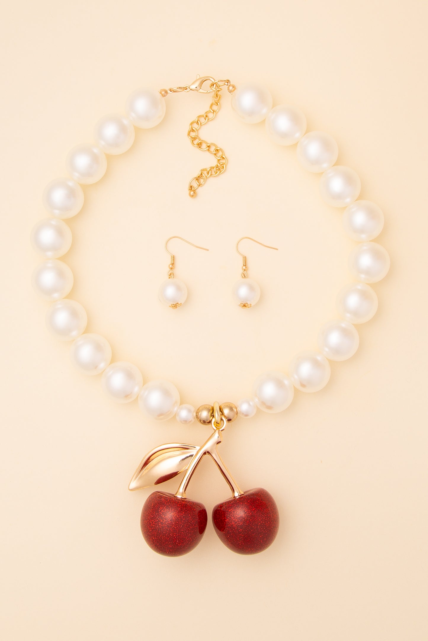 Lily Glittered Cherry Pendant Pearl Necklace & Earring Set
