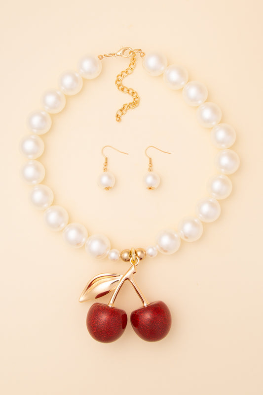 Lily Glittered Cherry Pendant Pearl Necklace & Earring Set