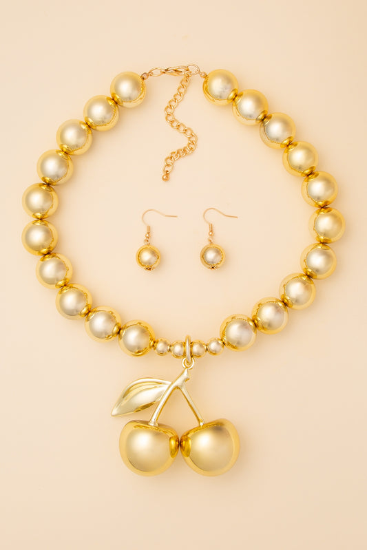 Abigail Polished Cherry Pendant Necklace & Earring Set | Gold