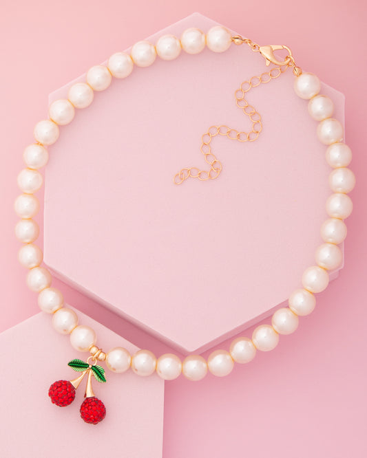 Fallon Rhinestone Pave Cherry Pendant Pearl Necklace