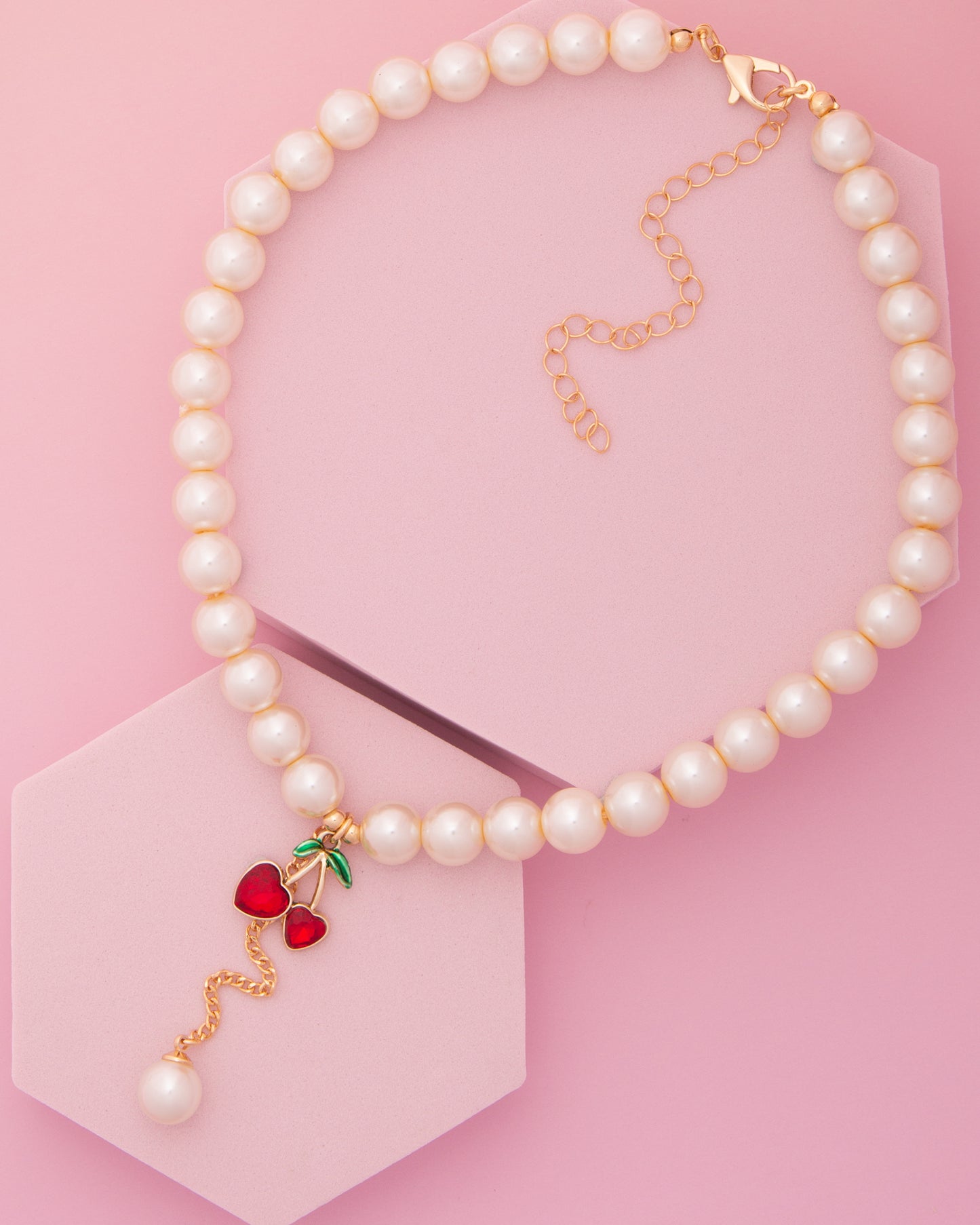 Diana Crystal Embellished Red Cherry Charm Pearl Necklace