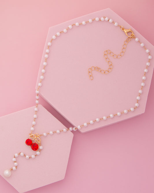Sage Crystal Embellished Red Cherry Charm Pearl Y-Shape Necklace