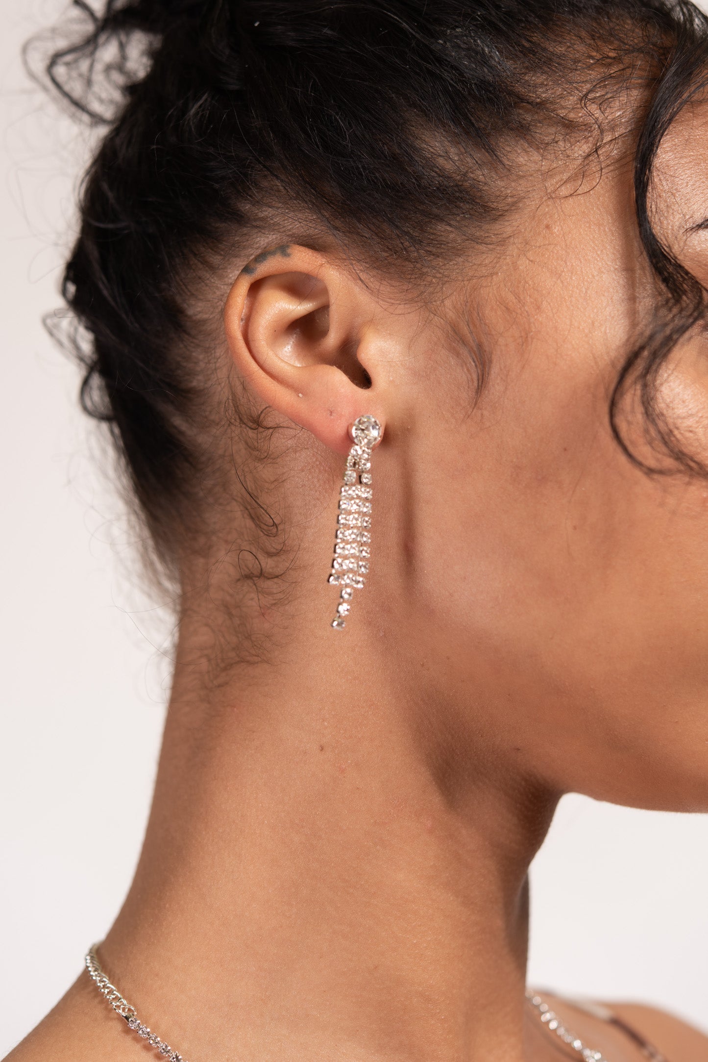 Charmaine Fringe Rhinestone Necklace & Earring Set - Silver