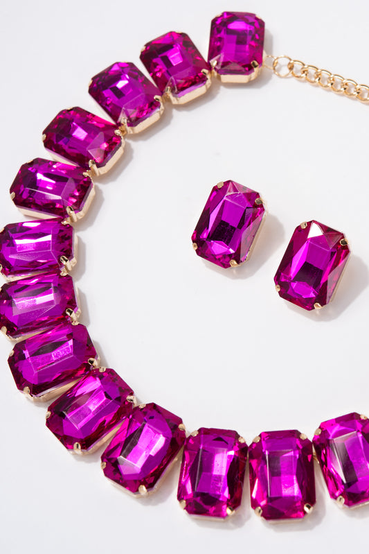 Lexi Crystal Octagon Cut Collar Necklace Set - Fuchsia