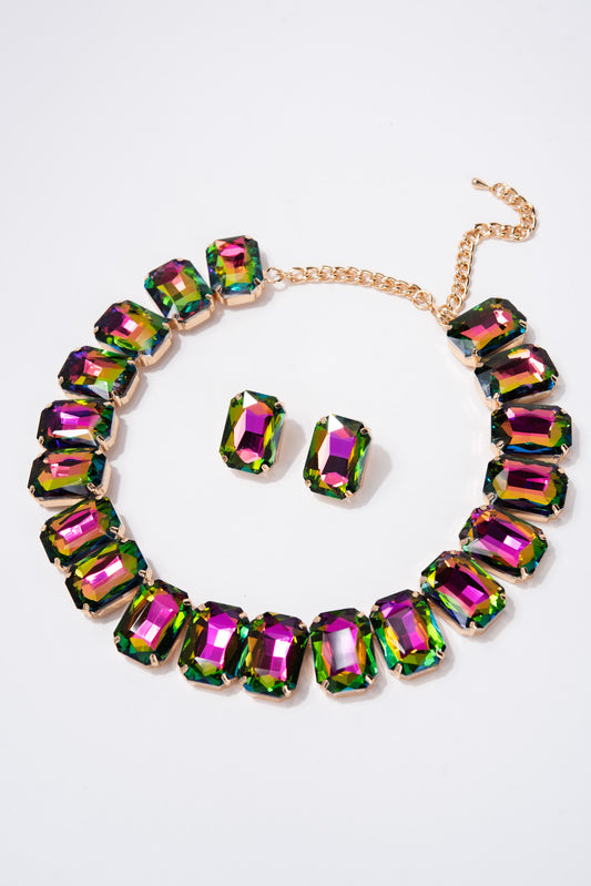 Lexi Crystal Octagon Cut Collar Necklace Set - Green Rainbow