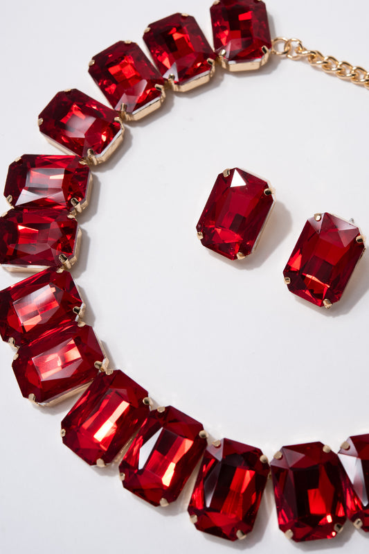 Lexi Crystal Octagon Cut Collar Necklace Set - Red
