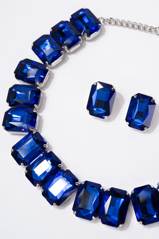 Lexi Crystal Octagon Cut Collar Necklace Set - Royal Blue