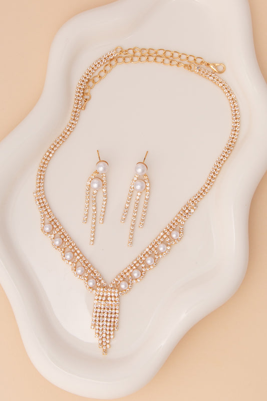 Rose Tassel Rhinestone & Pearl Necklace with Earring Set | Gold