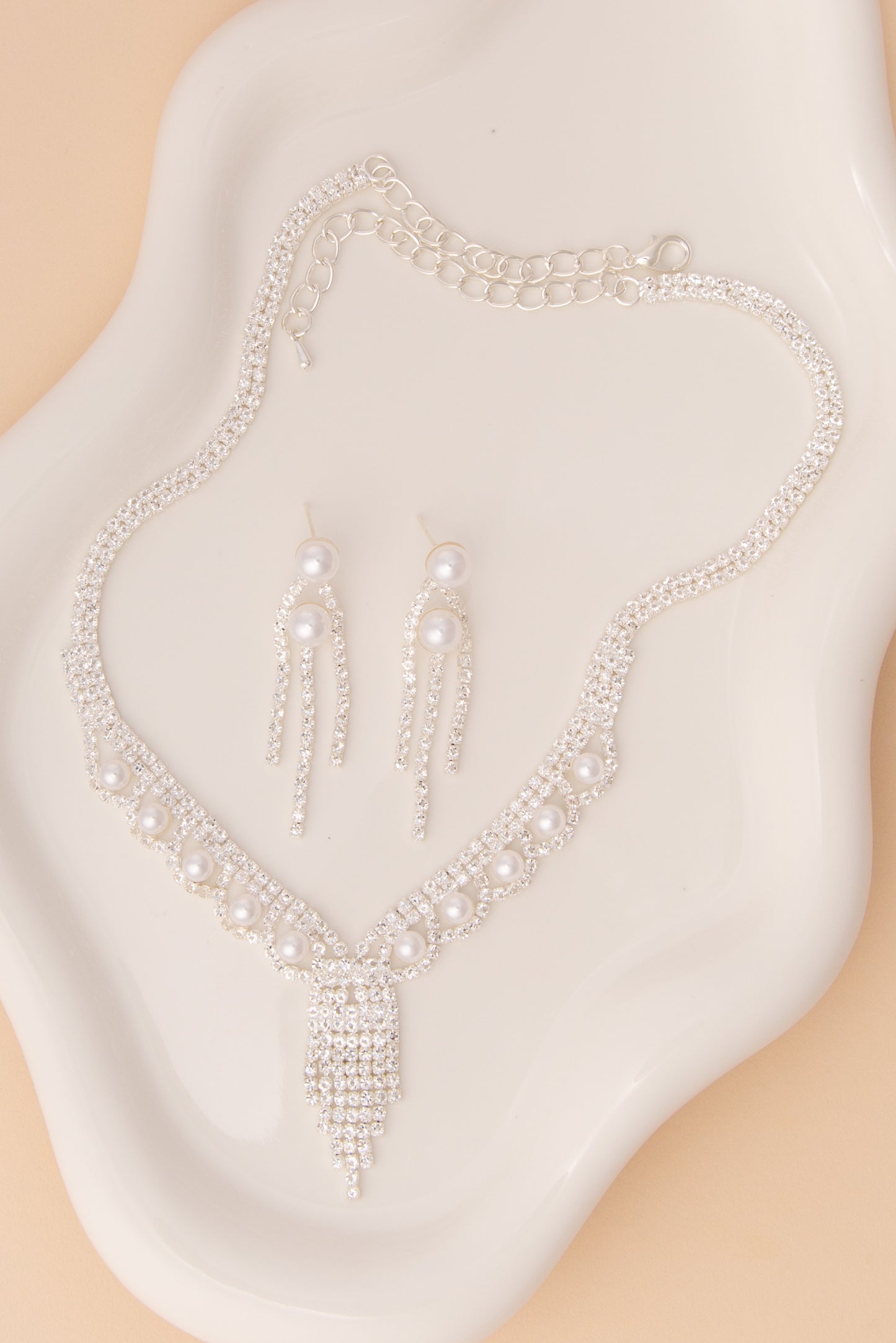 Rose Tassel Rhinestone & Pearl Necklace with Earring Set