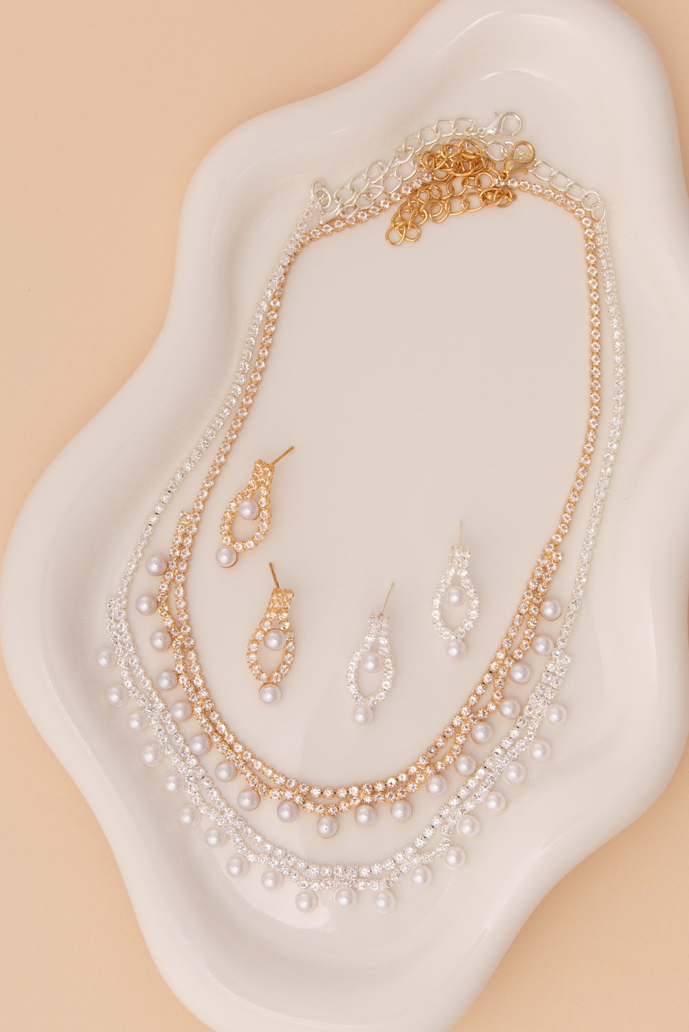 Julia Pearl and Crystal Double Strand Necklace & Earring Set