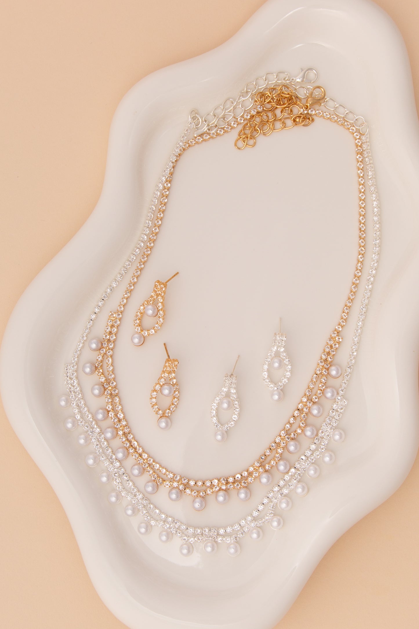 Julia Pearl and Crystal Double Strand Necklace & Earring Set