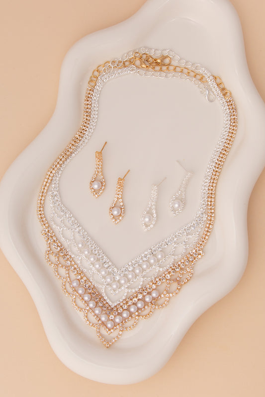 Isabel V-Shaped Pearl Rhinestone Embellished Necklace & Earring Set