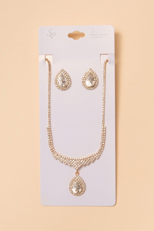 Arianna Bridal Necklace and Earring Set with Crystal Pendant | Gold Clear