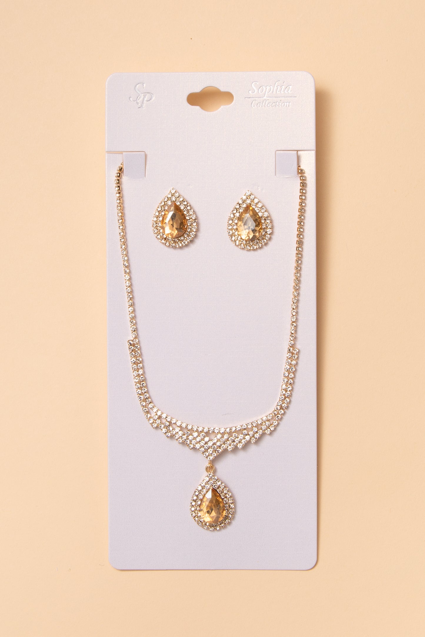 Arianna Bridal Necklace and Earring Set with Crystal Pendant | Gold Copper