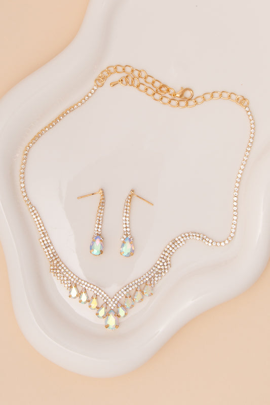 Claire V-Shaped Crystal Rhinestone Necklace & Earring Set | Gold Iridescent