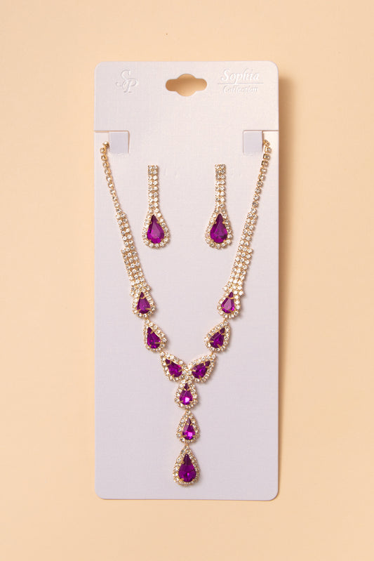 Brooke Bridal Crystal Teardrop Necklace and Earring Set | Purple