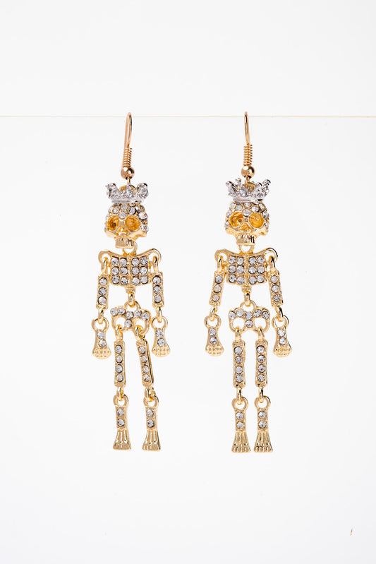 Freya Dancing Skeleton King Rhinestone Dangle Earrings - Gold
