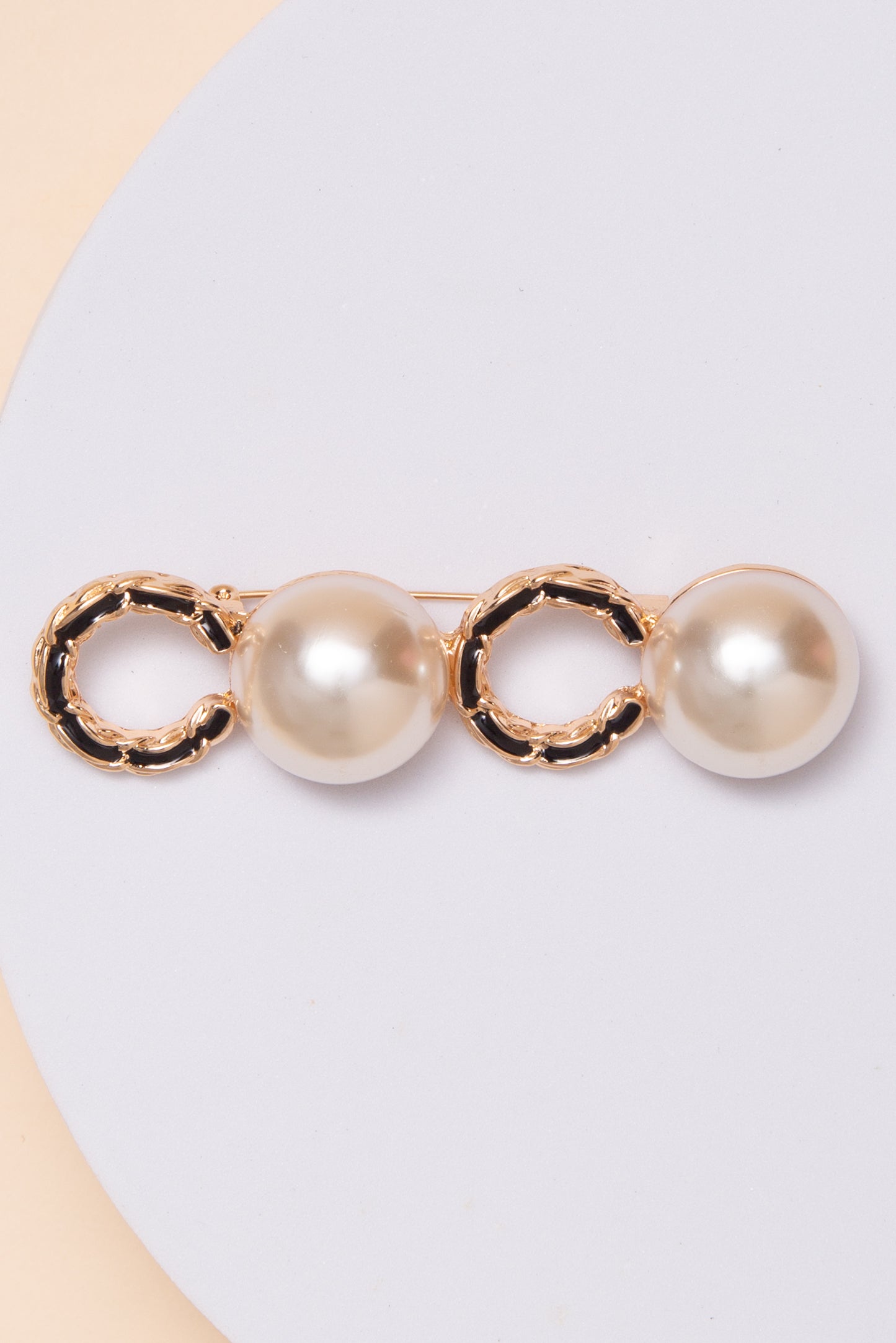 Sofia C Shape Brooch Pin With Enamel And Pearl Accents | Black & Gold