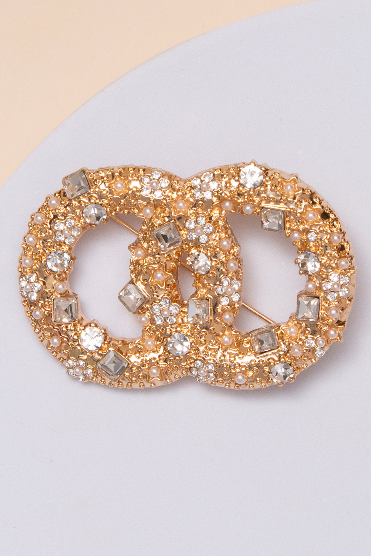 Elena Double Ring Brooch Pin With Pearl And Crystal Accents | Gold