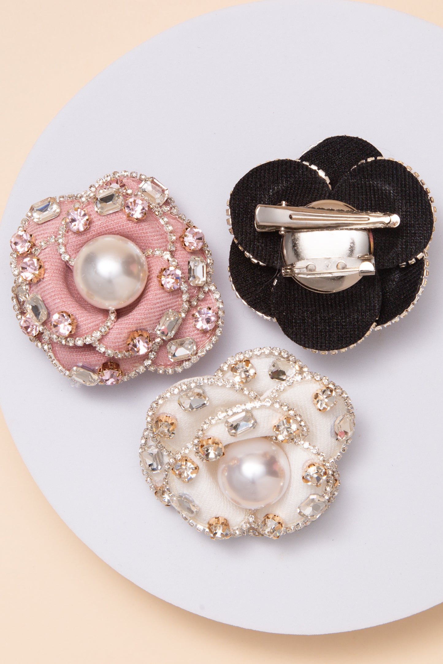 Marie Fabric Flower Brooch Pin With Pearl Center And Crystal Accents