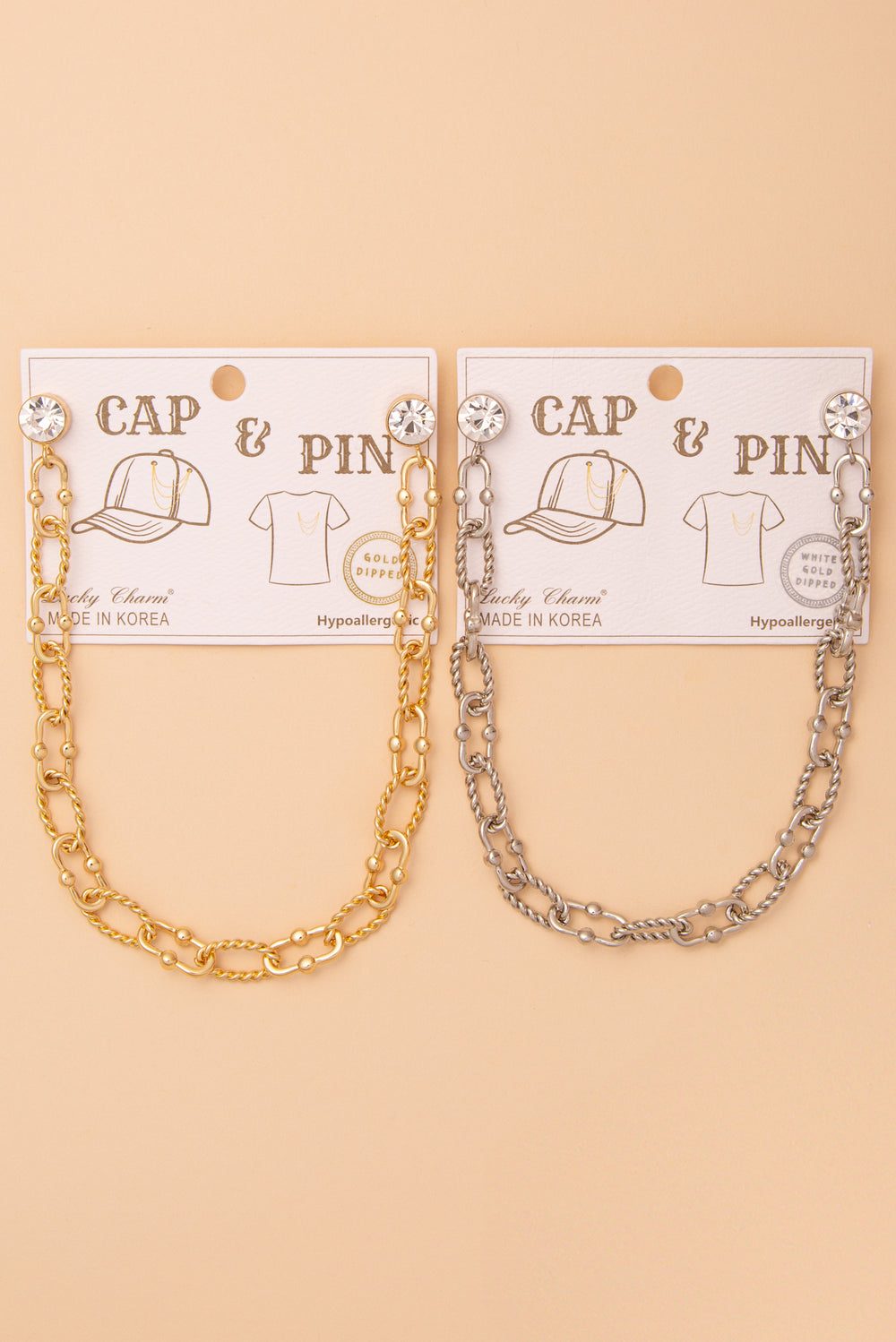 Crystal Embellished Textured Oval Link Cap Chain and Pin