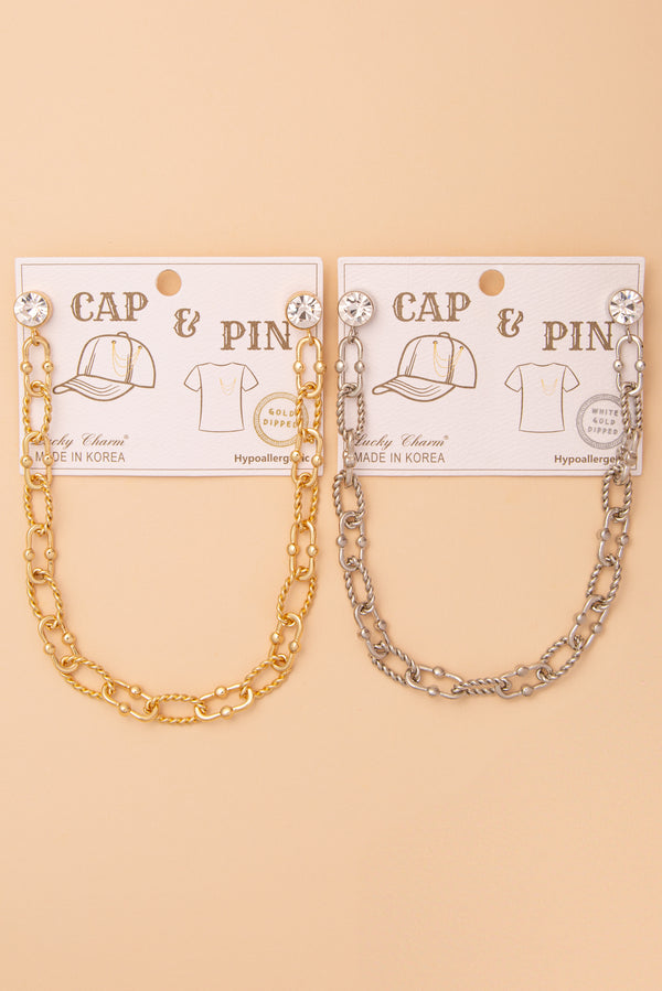 Crystal Embellished Textured Oval Link Cap Chain and Pin