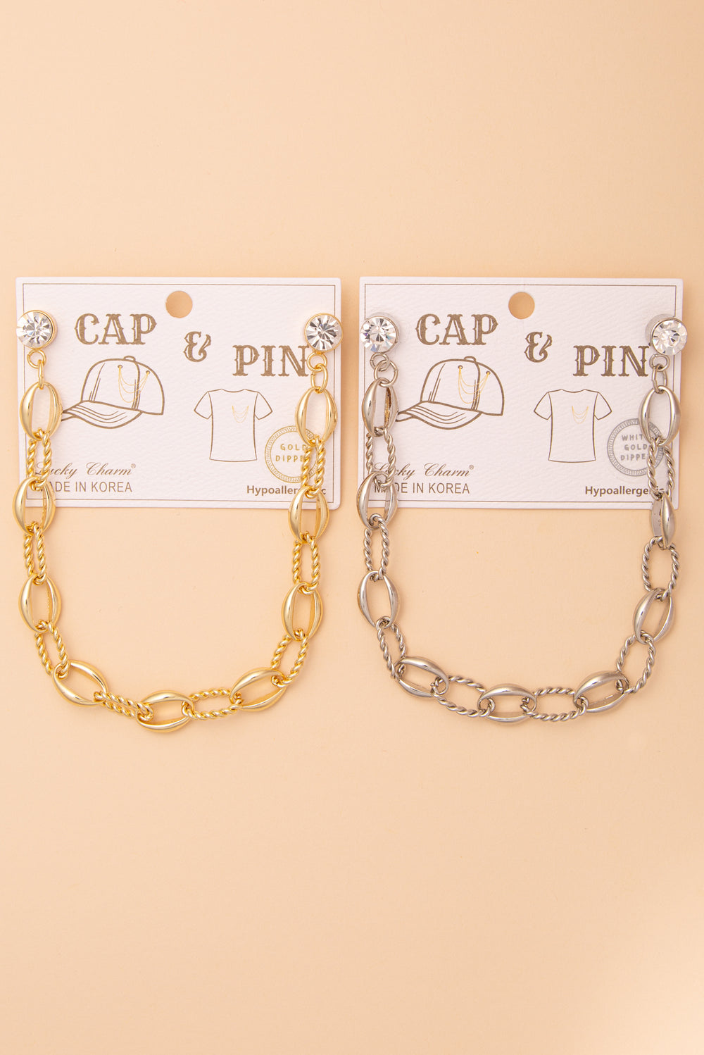 Rosemary Crystal Embellished Textured Oval Link Cap Chain and Pin