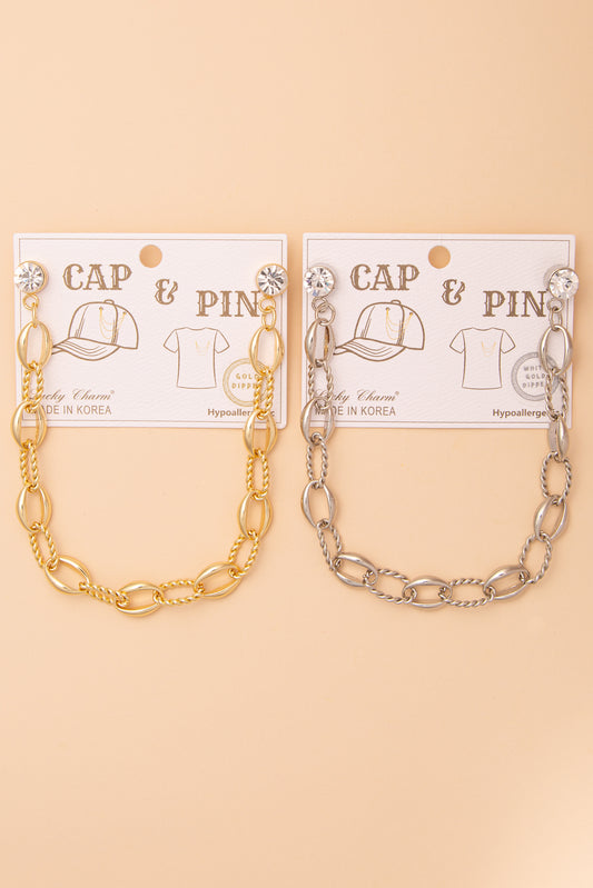 Rosemary Crystal Embellished Textured Oval Link Cap Chain and Pin