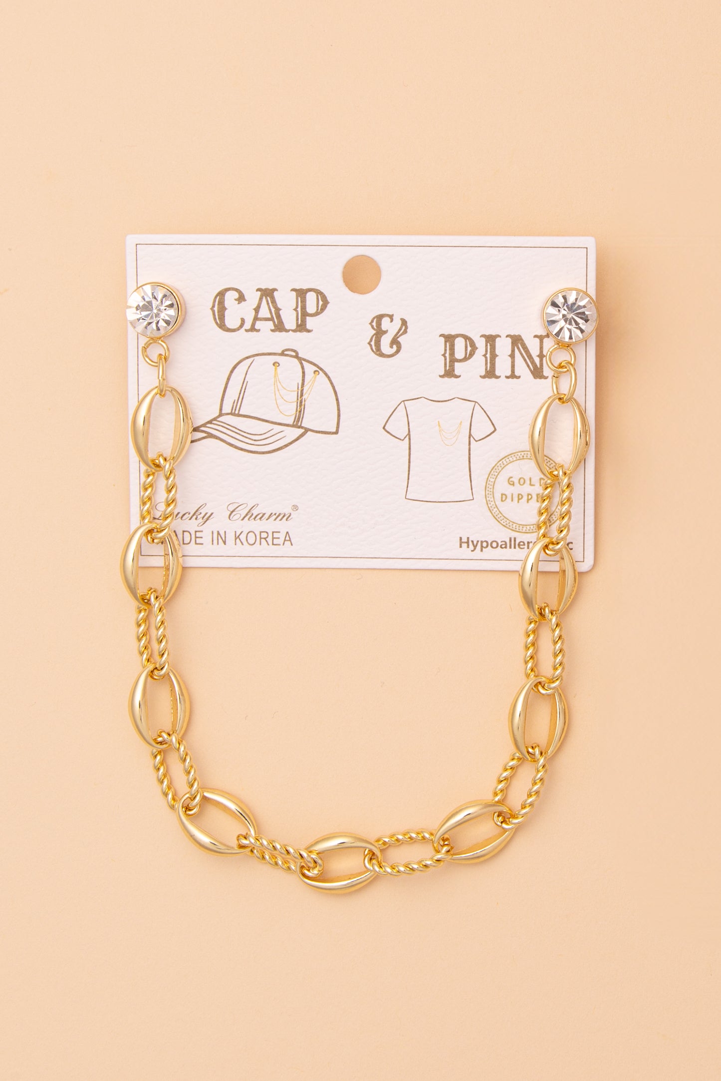 Rosemary Crystal Embellished Textured Oval Link Cap Chain and Pin