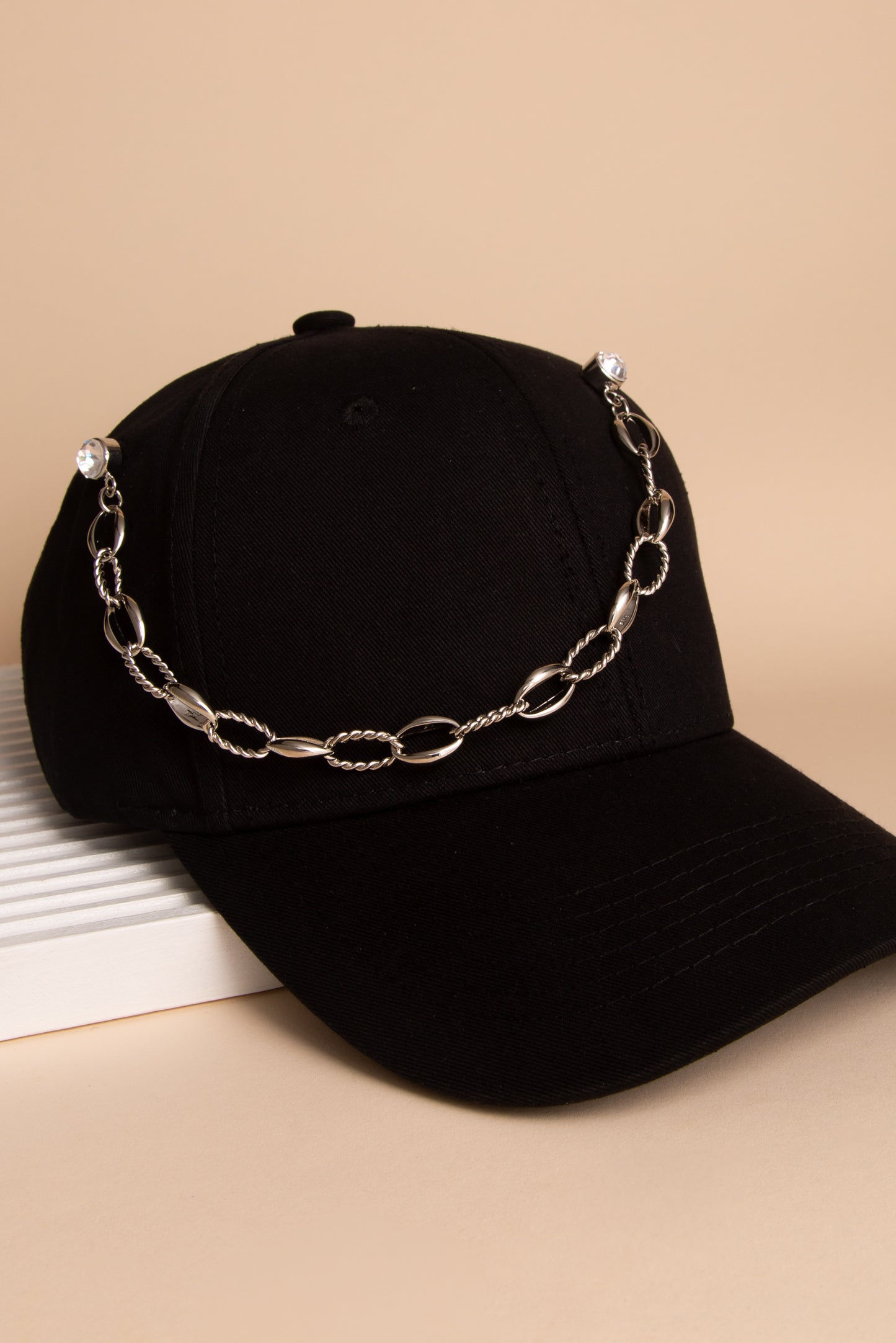 Rosemary Crystal Embellished Textured Oval Link Cap Chain and Pin