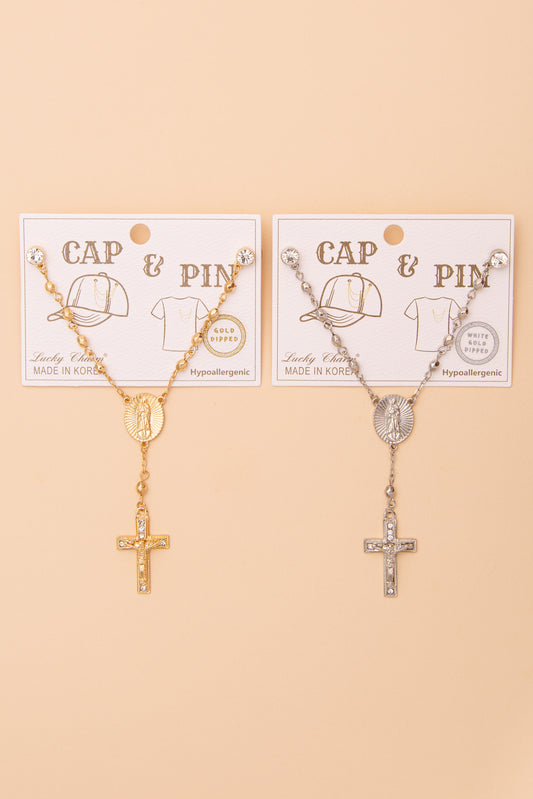Mary Crucifix Crystal Medallion Cap Chain and Pin