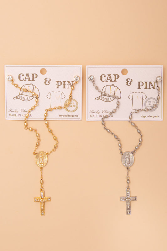 Maria Crucifix Crystal Medallion Cap Chain and Pin