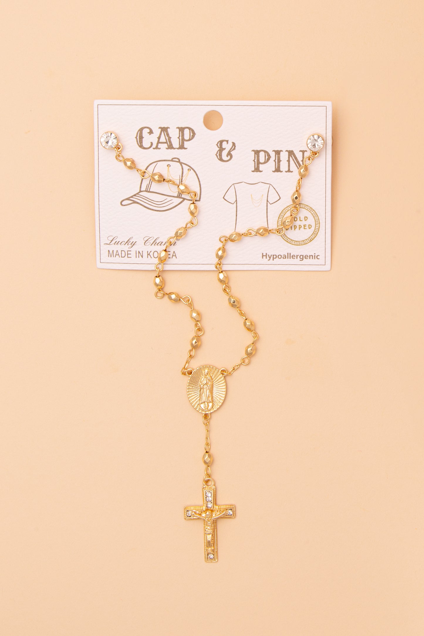 Maria Crucifix Crystal Medallion Cap Chain and Pin