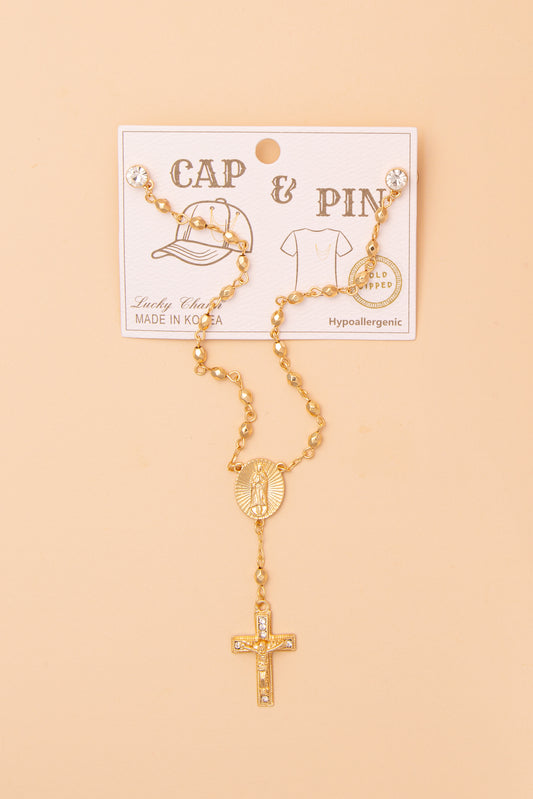 Maria Crucifix Crystal Medallion Cap Chain and Pin | Gold