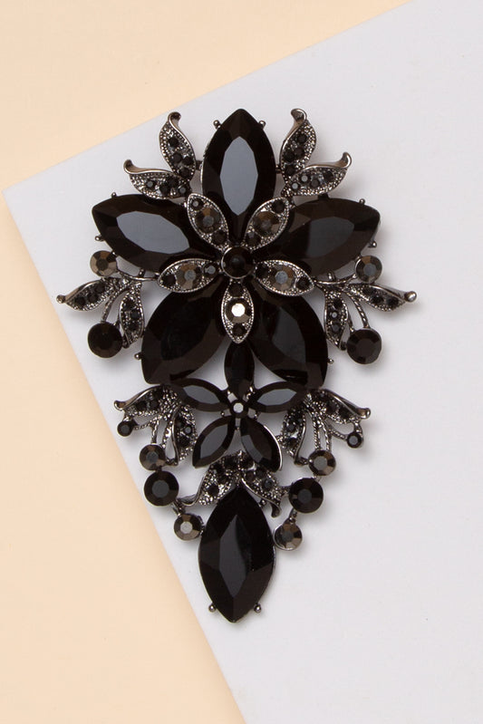 Emilia Multi Crystal or Pearl Rhinestone Cluster Flower Brooch | Black