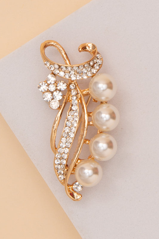 Barbara Crystal Rhinestone And Pearl Scroll Bouquet Brooch Pin | Gold 