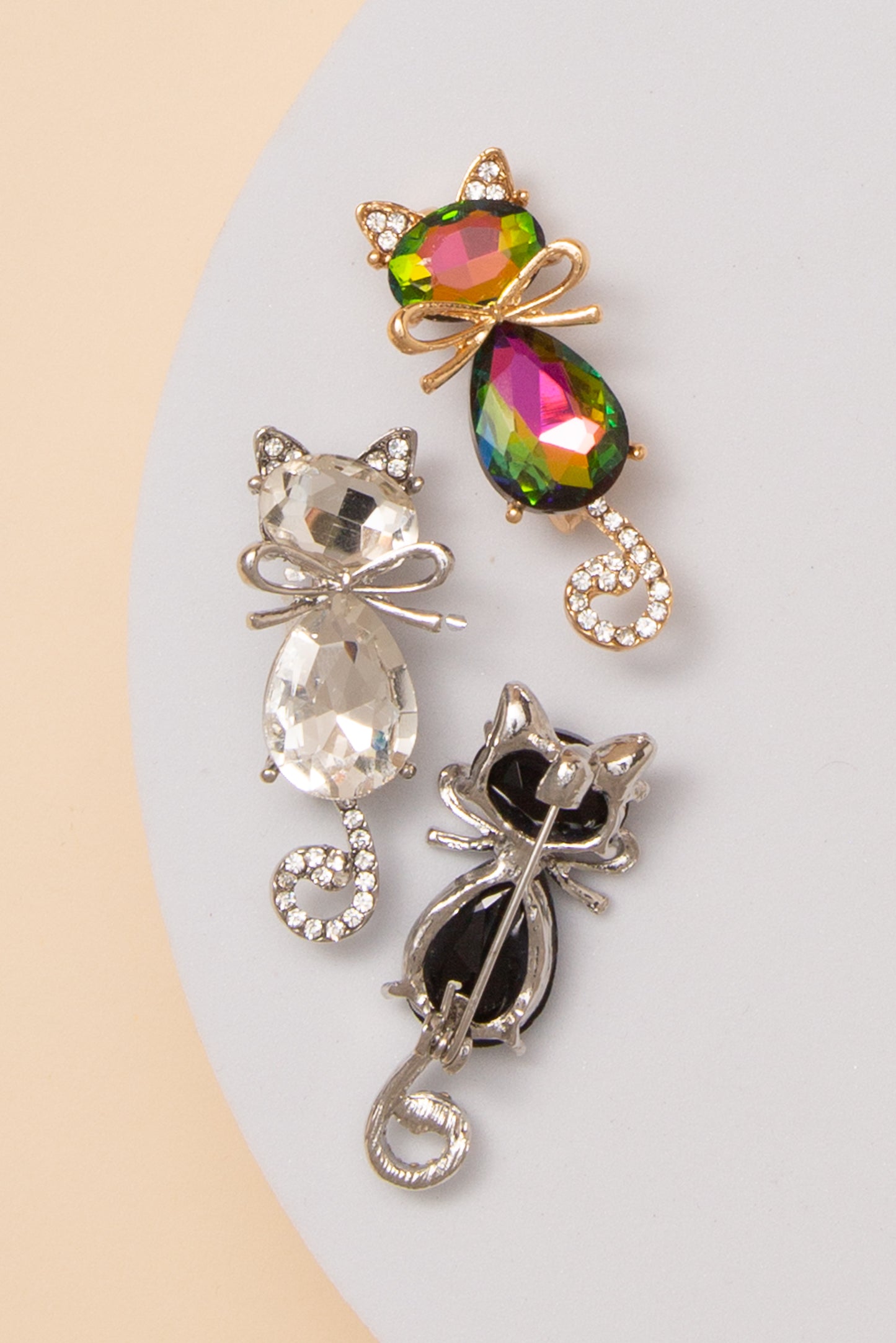 Ashley Cat Brooch Pin with Faceted Crystals and Bow Detail