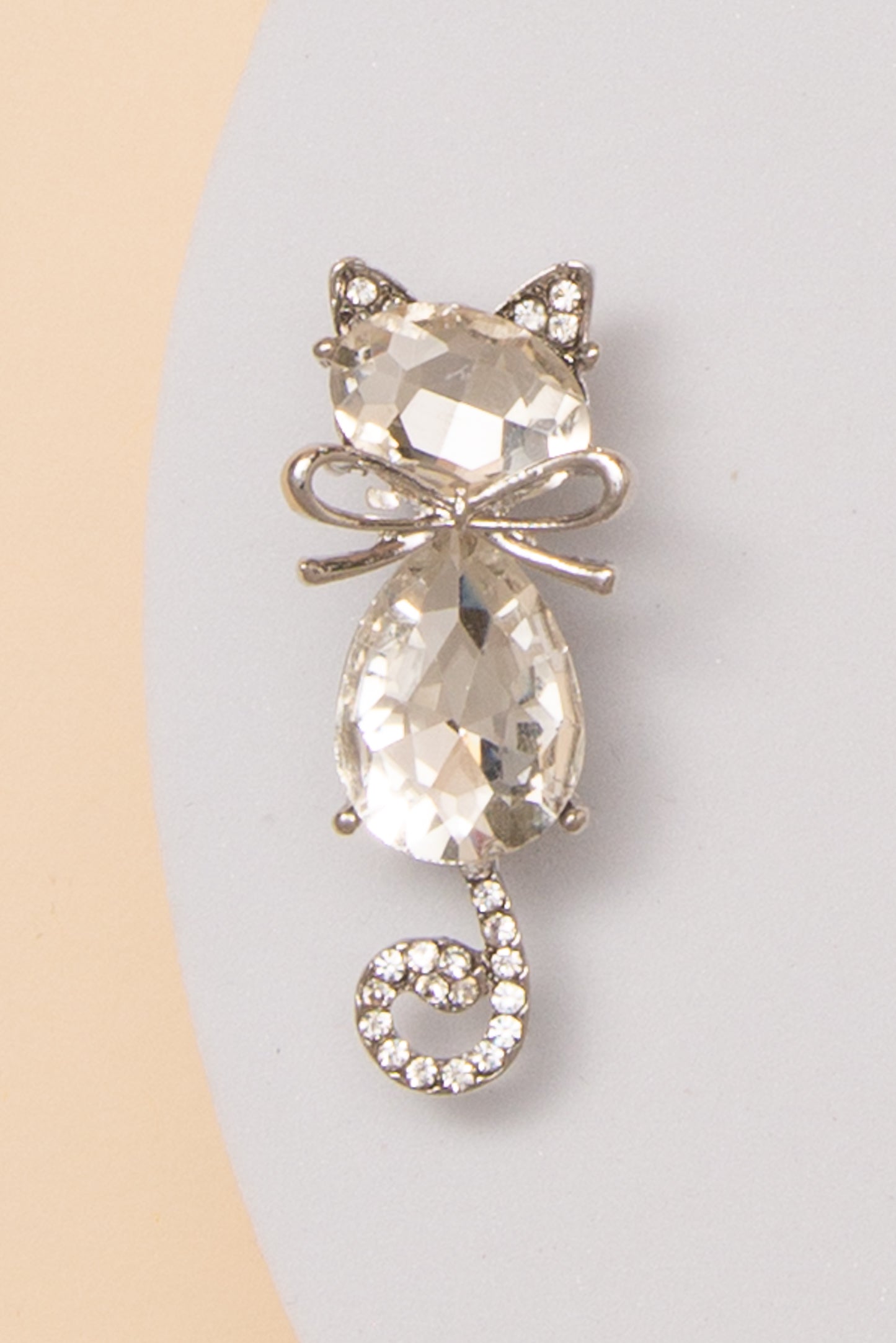 Ashley Cat Brooch Pin with Faceted Crystals and Bow Detail