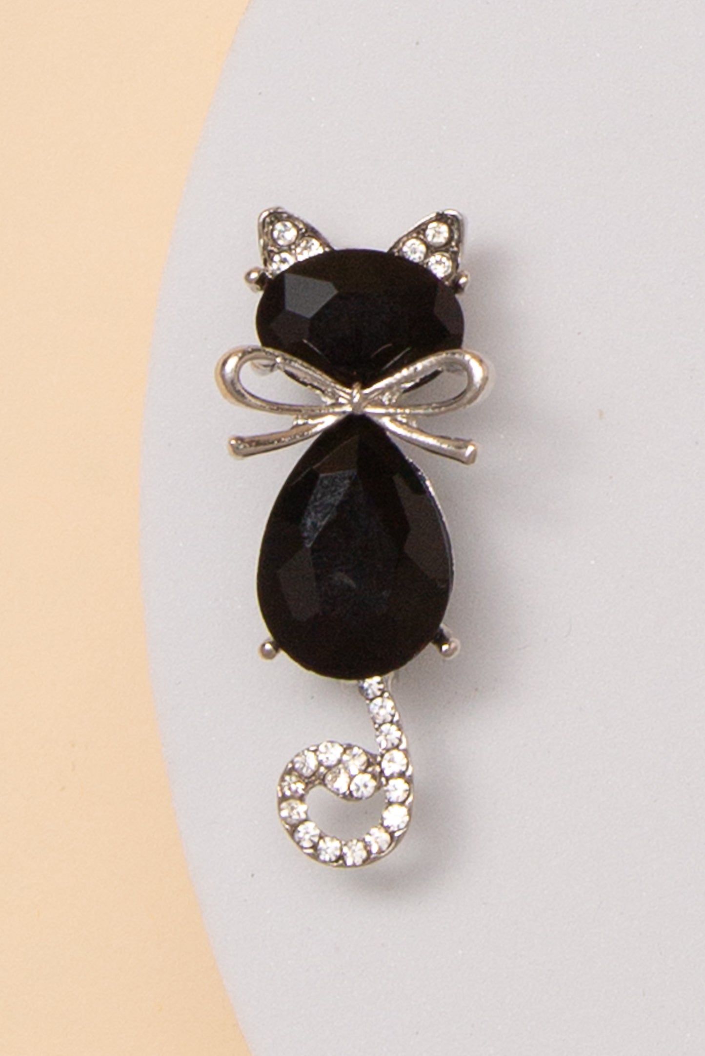Ashley Cat Brooch Pin with Faceted Crystals and Bow Detail