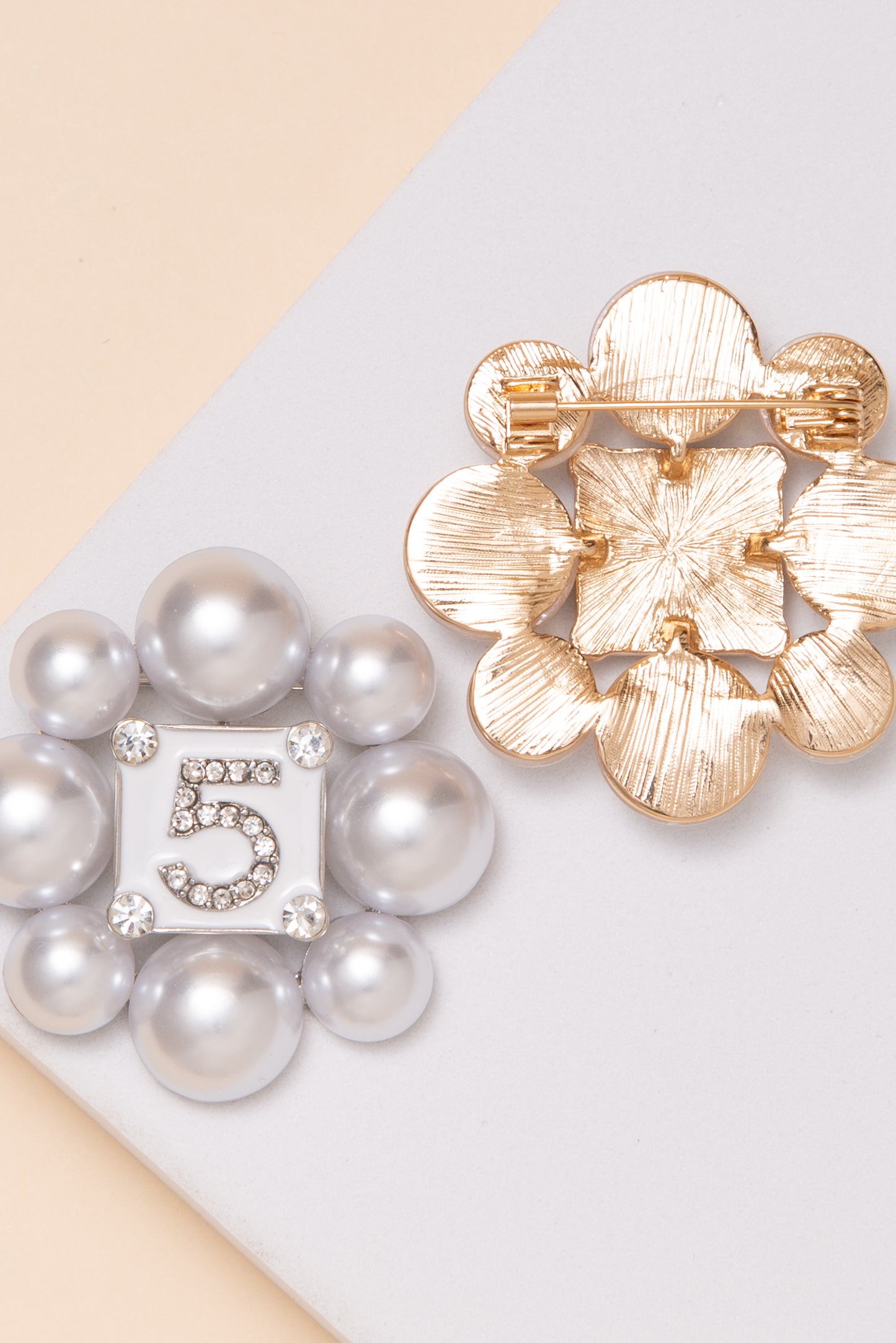 Alana Pearl Frame with Crystal Number Five Brooch Pin