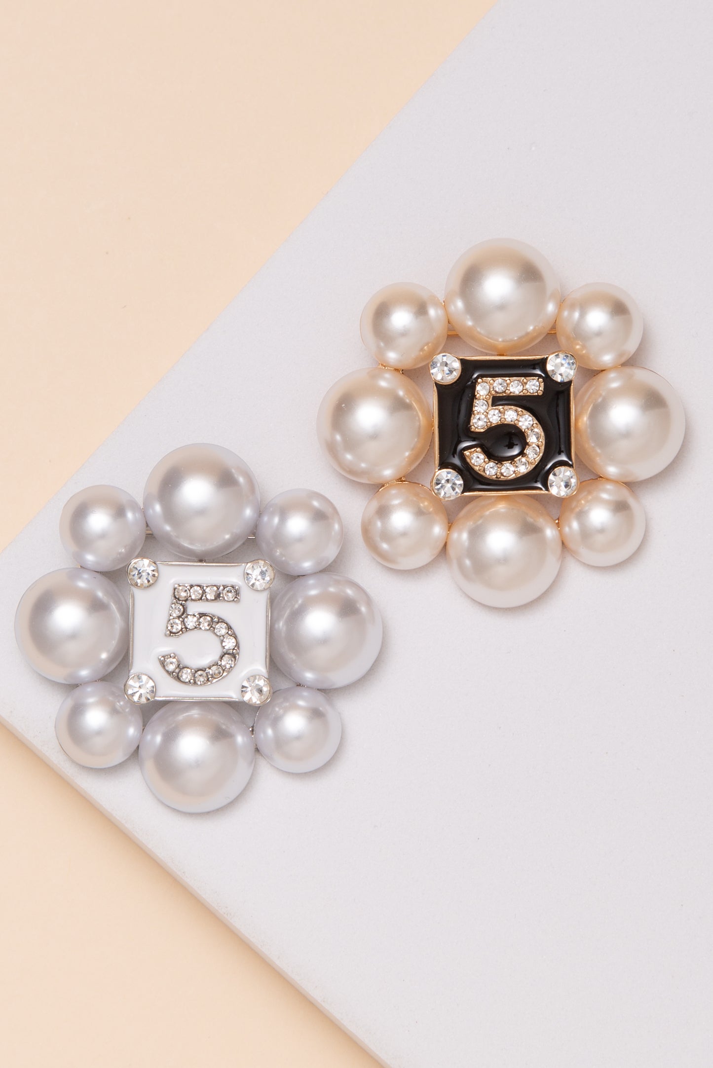 Alana Pearl Frame with Crystal Number Five Brooch Pin