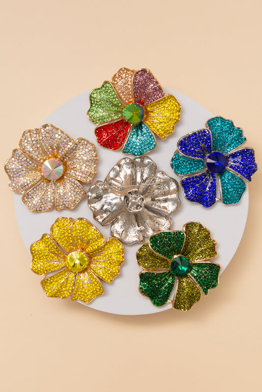 Luna Flower Brooch Pin with Rhinestone Paved Petals