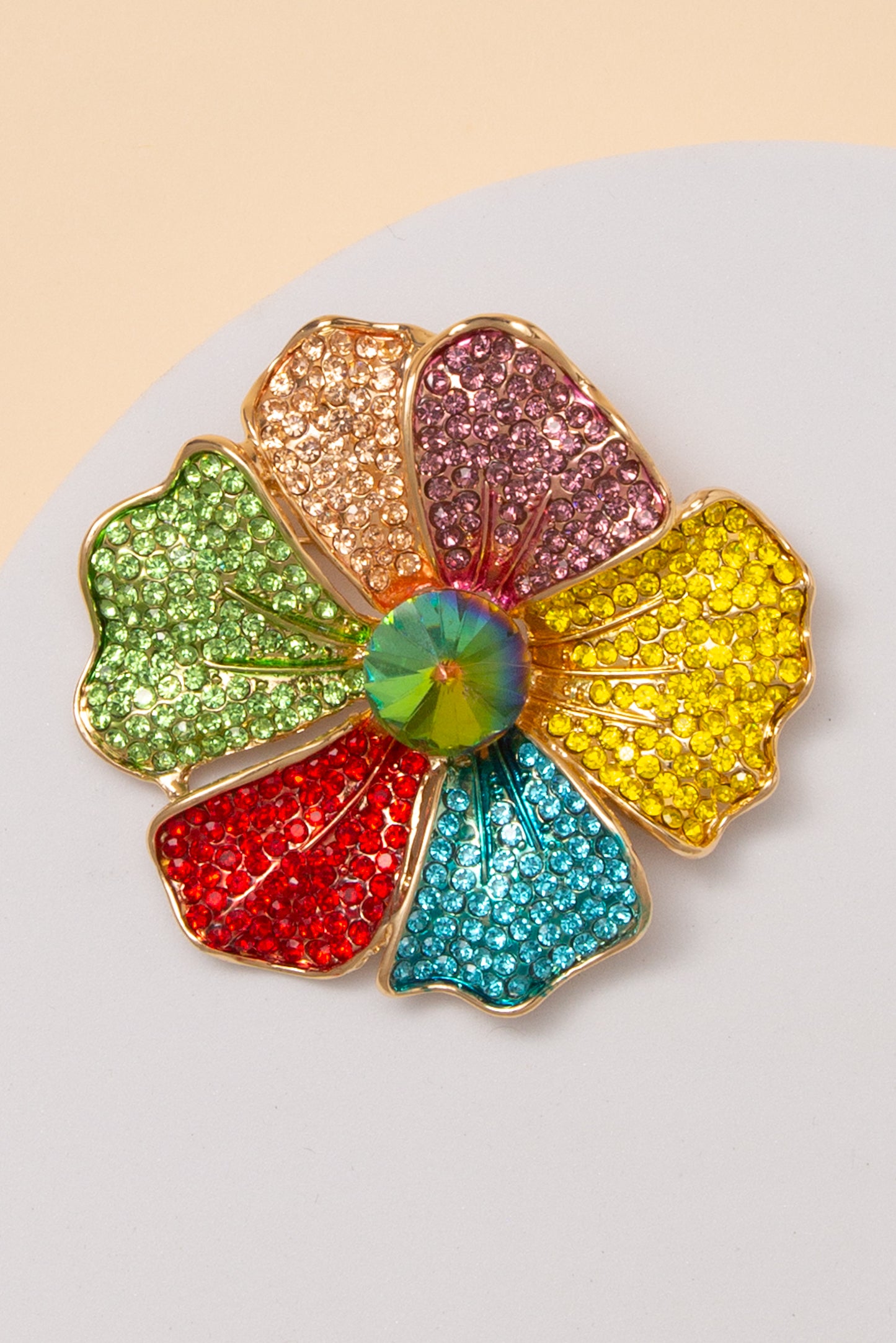 Luna Flower Brooch Pin with Rhinestone Paved Petals