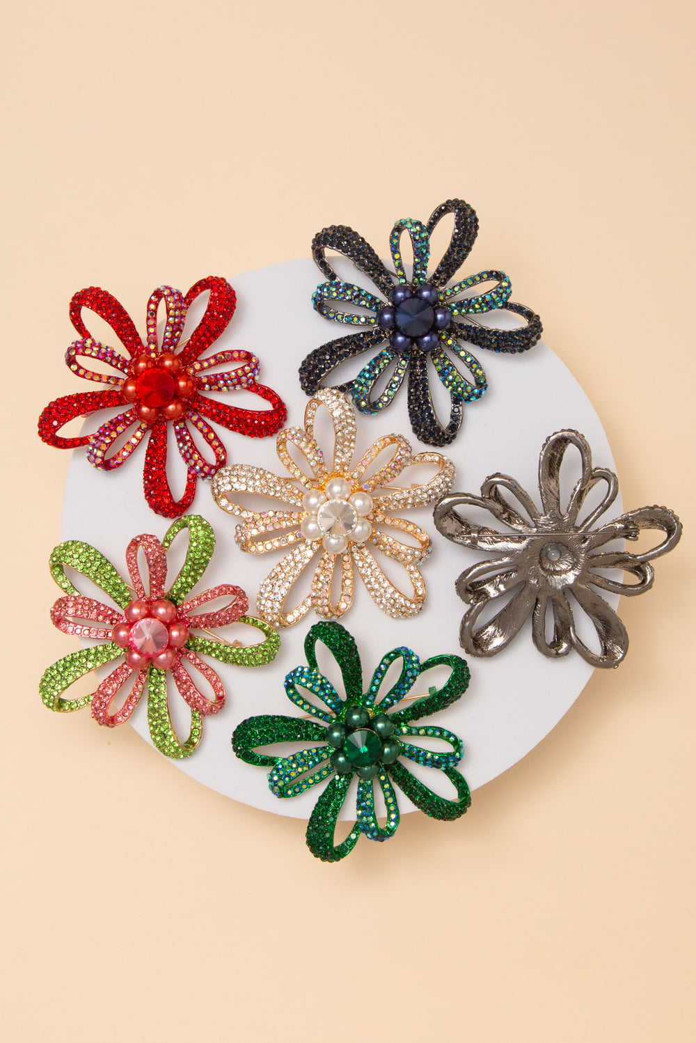 Mila Floral Crystal Rhinestone Brooch Pin with Open Loop Petal