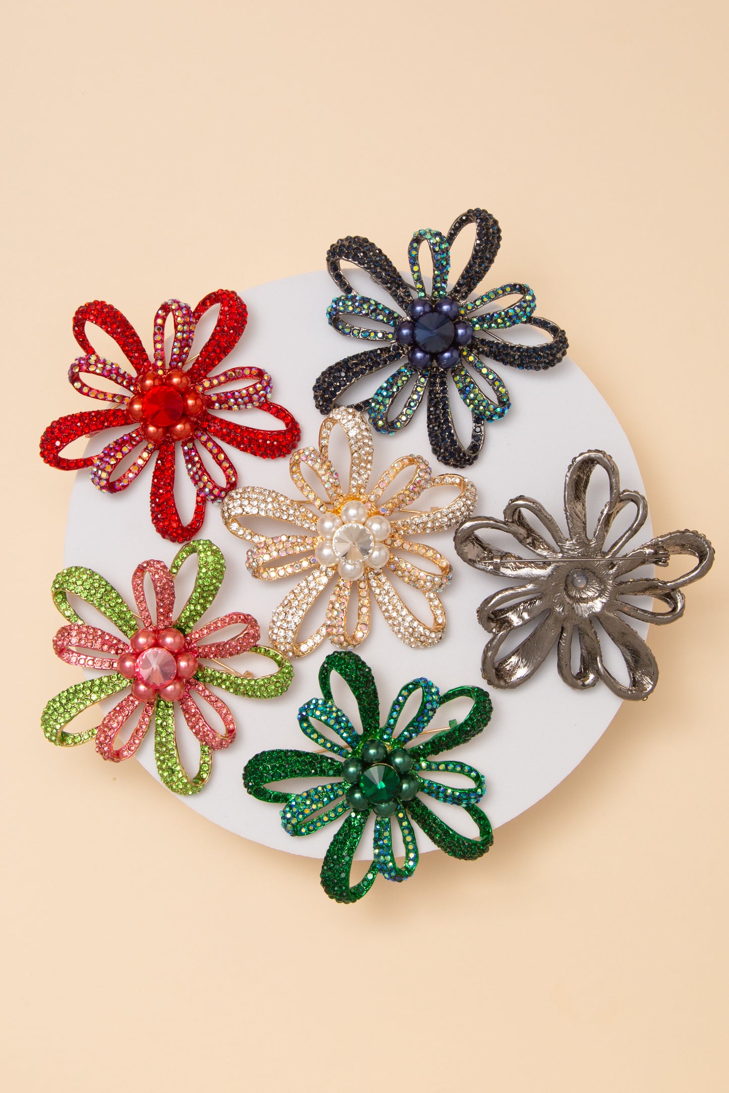 Mila Floral Crystal Rhinestone Brooch Pin with Open Loop Petal